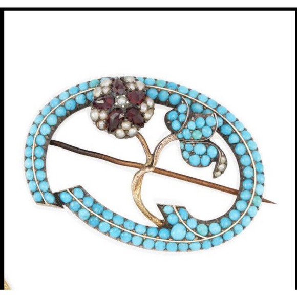 Victorian Late 19th century GOLD Turquoise /Garnet /PearlBrooch- - Picture 1 of 2
